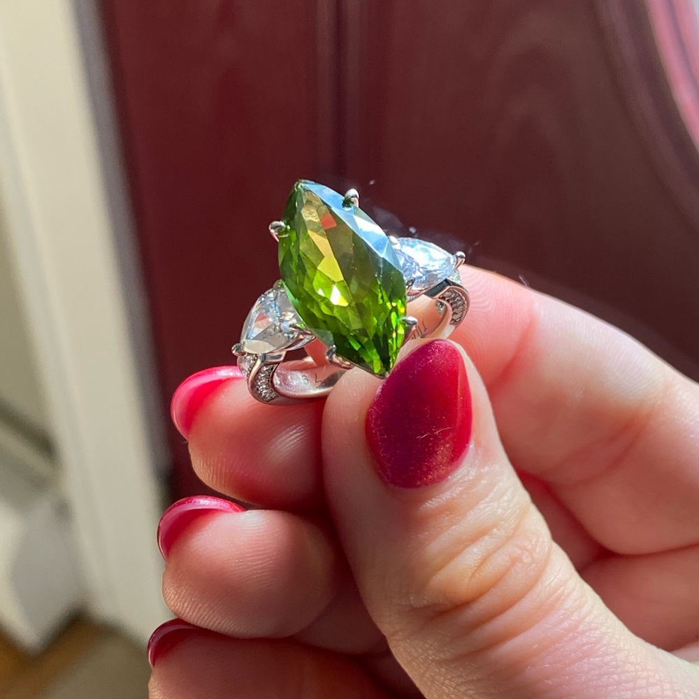 Natural Peridot Gemstone Marquise Ring - 925 Sterling Silver Rhodium Plated w/CZ